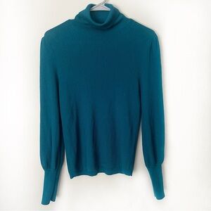 J. Crew Merino Wool Turtle Neck Sweater Medium Ribbed Tiel Green Bishop Sleeve